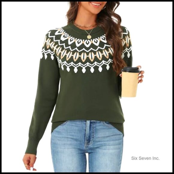 Vintage Fair Isle Sweater Raglan Sleeve Crew Neck Knitted Pullover Comfy Warm - Picture 2 of 7